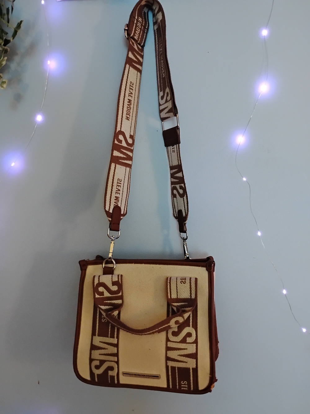 Steve Madden Brown and Cream Logo Crossbody Bag